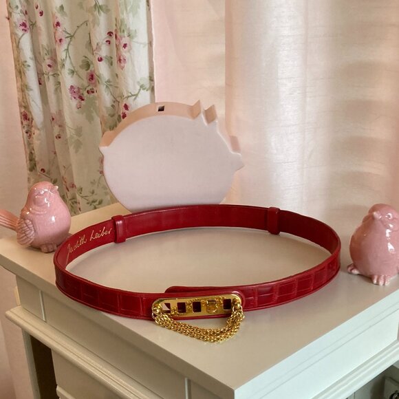 Judith Lieber vintage 80s chain belt, rec croco adjustable 29" - 37"